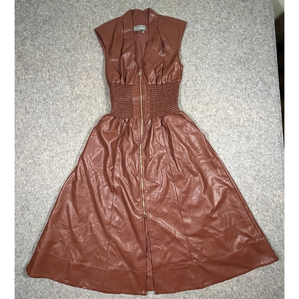 Anthropologie Burgundy Faux Leather Zip Front Smocked Waist Midi Dress Small